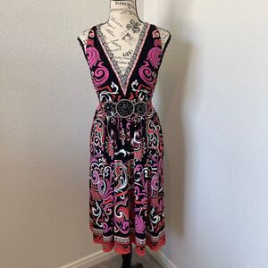 iCE Women XL Paisley V-Neck Midi Dress Beaded Empire Waist Pink Black Sleeveless